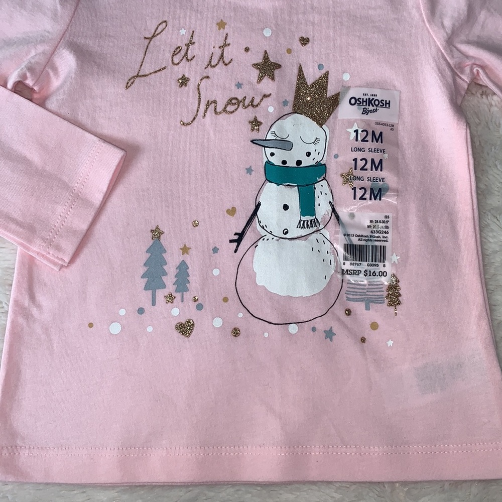 ☃️NWT Pink Oshkosh Snowman Top 12m “Let it Snow” - Picture 3 of 6